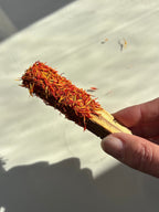 Palo Santo Holz in der Sonne gehalten von einer Hand, umhüllt mit saflor Blüten Blättern