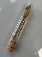 Packshot, Weihrauch auf glänzendem Hintergrund in Glasröhrchen mit Korkverschluss